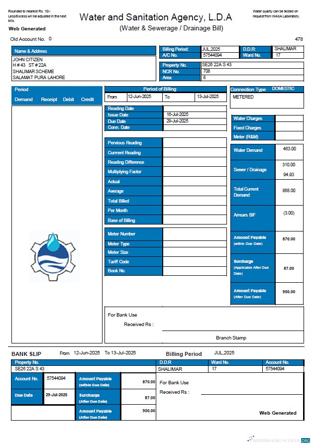 download Pakistan Water and Sanitation Agency (LDA) utility bill template in Word and PDF formats PDF template